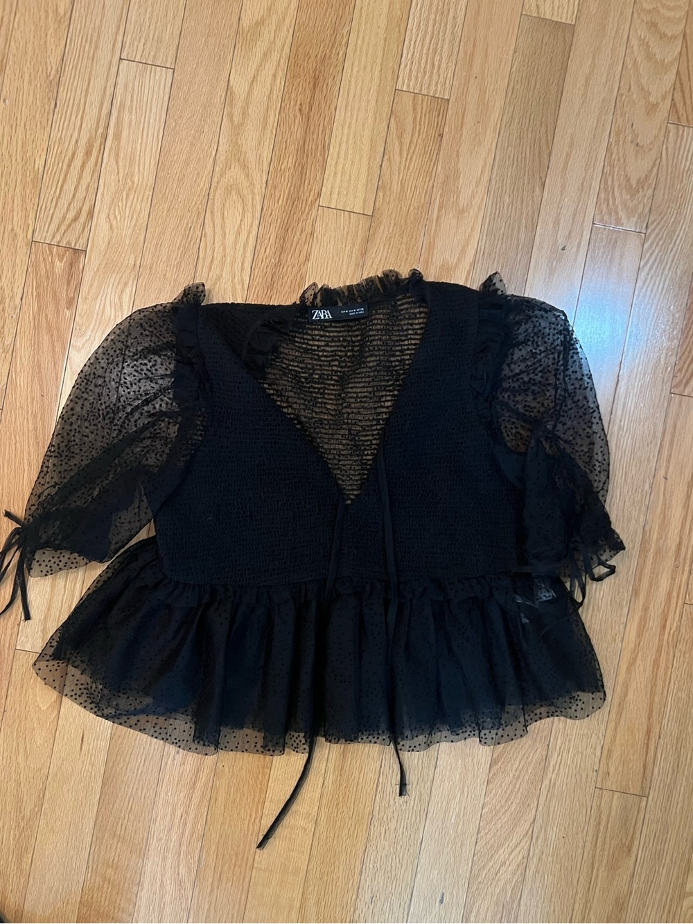 ZARA Black Sheer Polka Dot Peplum Tie-Front Blouse